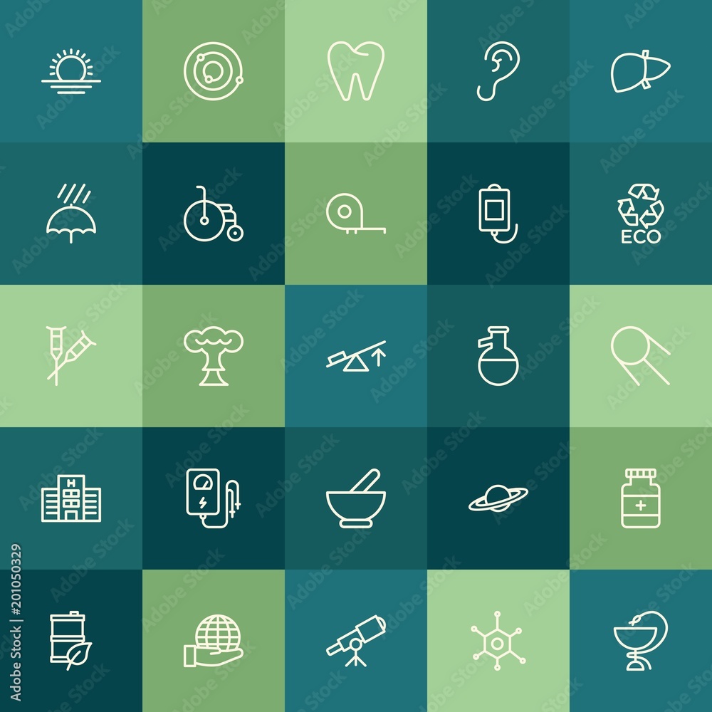 Modern Simple Set of health, science, nature Vector outline Icons. ..Contains such Icons as  environment,  astronomy, sunset,  discovery and more on green background. Fully Editable. Pixel Perfect.