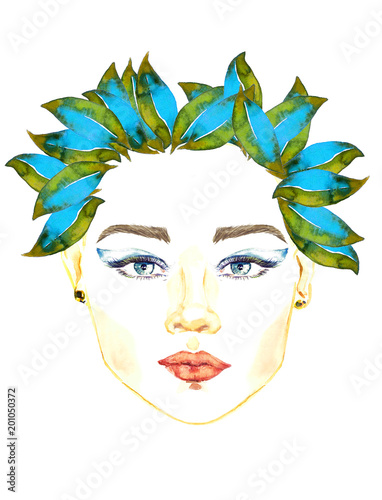 Fototapeta Naklejka Na Ścianę i Meble -  Face with blue eyes, small chubby lips, floral blue and green leaves hairstyle,  hand painted watercolor fashion illustration isolated on white 