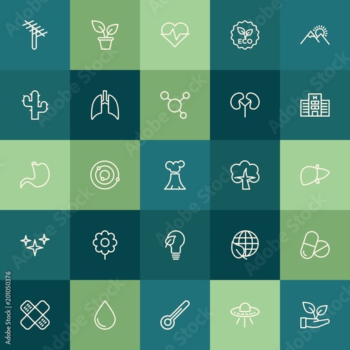 Modern Simple Set of health, science, nature Vector outline Icons. ..Contains such Icons as care, environment, bandaid, technology, eco and more on green background. Fully Editable. Pixel Perfect.