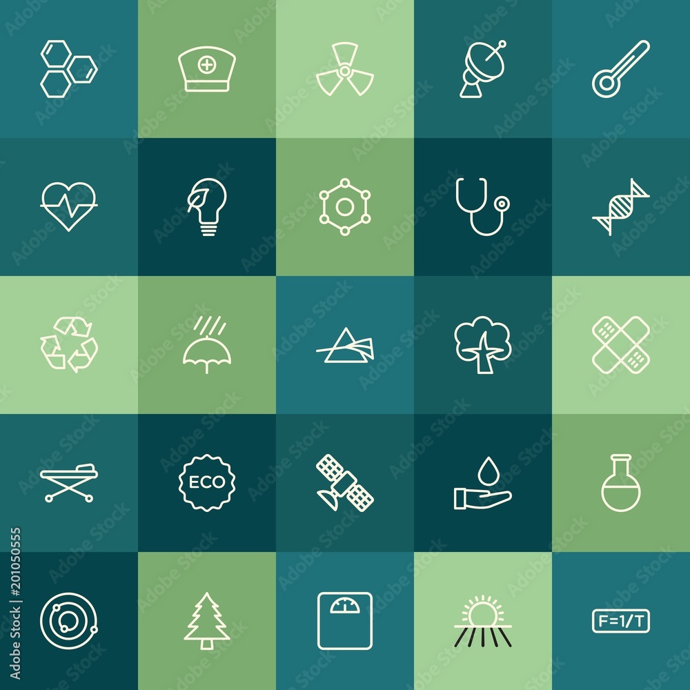 Fototapeta premium Modern Simple Set of health, science, nature Vector outline Icons. ..Contains such Icons as organic, experiment, planet, vector, rain and more on green background. Fully Editable. Pixel Perfect.