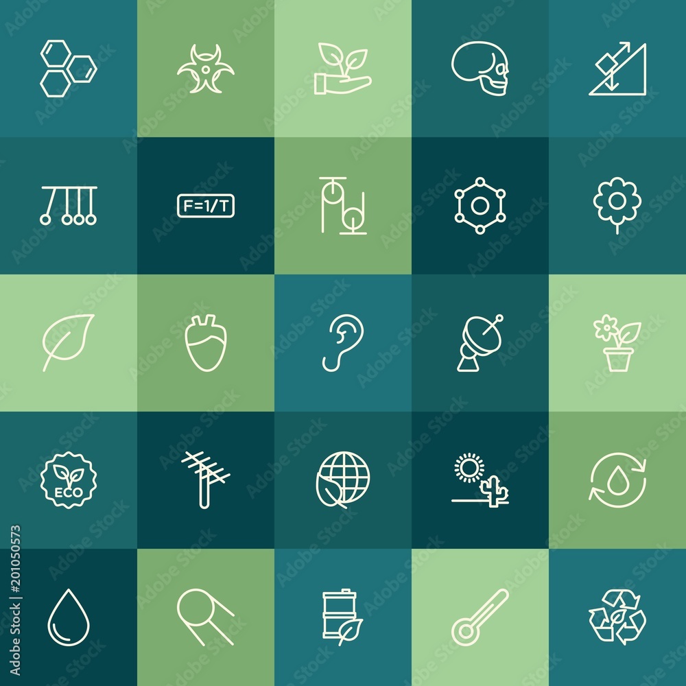 Modern Simple Set of health, science, nature Vector outline Icons. ..Contains such Icons as  nuclear,  ecology, thermometer,  chemistry and more on green background. Fully Editable. Pixel Perfect.