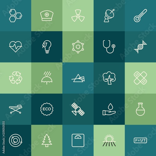 Modern Simple Set of health, science, nature Vector outline Icons. ..Contains such Icons as organic, experiment, planet, vector, rain and more on green background. Fully Editable. Pixel Perfect.