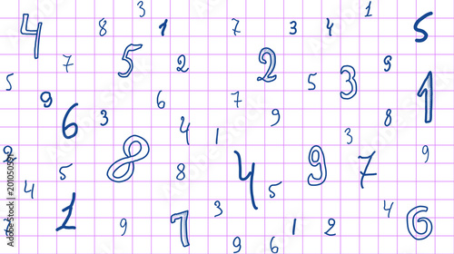 The pattern of hand-drawn numbers in math notebook. Seamless bac