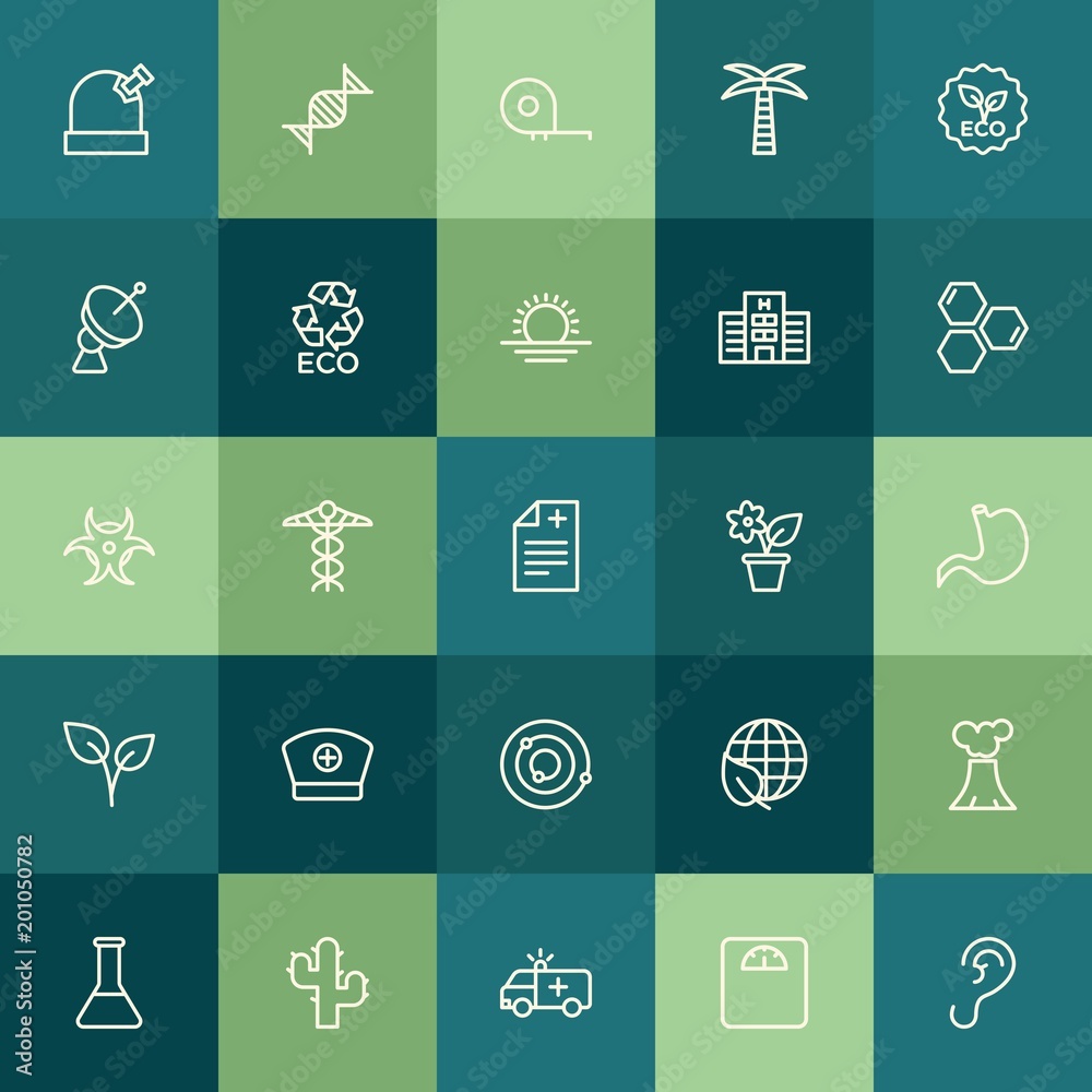 Modern Simple Set of health, science, nature Vector outline Icons. ..Contains such Icons as  chemical,  green,  isolated, chemistry,  earth and more on green background. Fully Editable. Pixel Perfect.