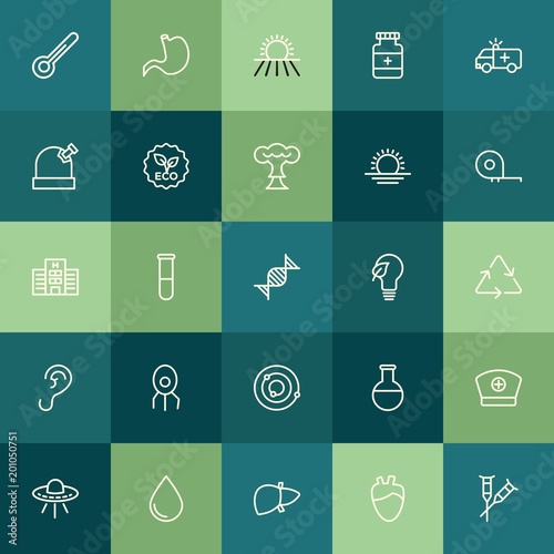 Modern Simple Set of health, science, nature Vector outline Icons. ..Contains such Icons as body, space, healthcare, pharmacy, heart and more on green background. Fully Editable. Pixel Perfect.
