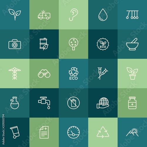Modern Simple Set of health, science, nature Vector outline Icons. ..Contains such Icons as garbage,  landscape,  green,  leaf,  can,  sky and more on green background. Fully Editable. Pixel Perfect.