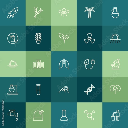 Modern Simple Set of health, science, nature Vector outline Icons. ..Contains such Icons as spacecraft, leaf, symbol, element, cell and more on green background. Fully Editable. Pixel Perfect.