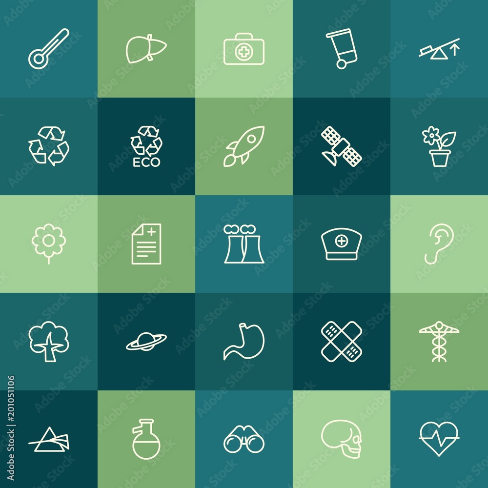 Modern Simple Set of health, science, nature Vector outline Icons. ..Contains such Icons as  skull,  bandage,  beat, thermometer,  skeleton and more on green background. Fully Editable. Pixel Perfect.