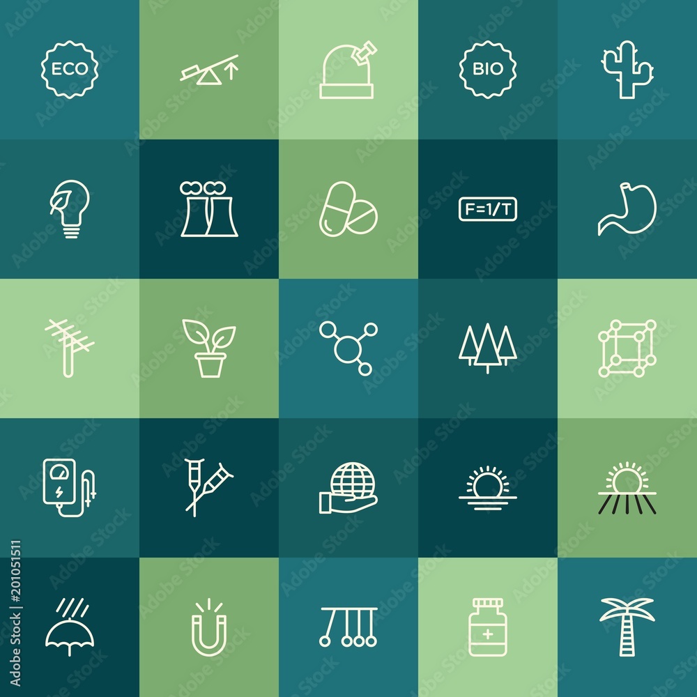 Modern Simple Set of health, science, nature Vector outline Icons. ..Contains such Icons as palm,  season, medicine, physics,  home,  leaf and more on green background. Fully Editable. Pixel Perfect.