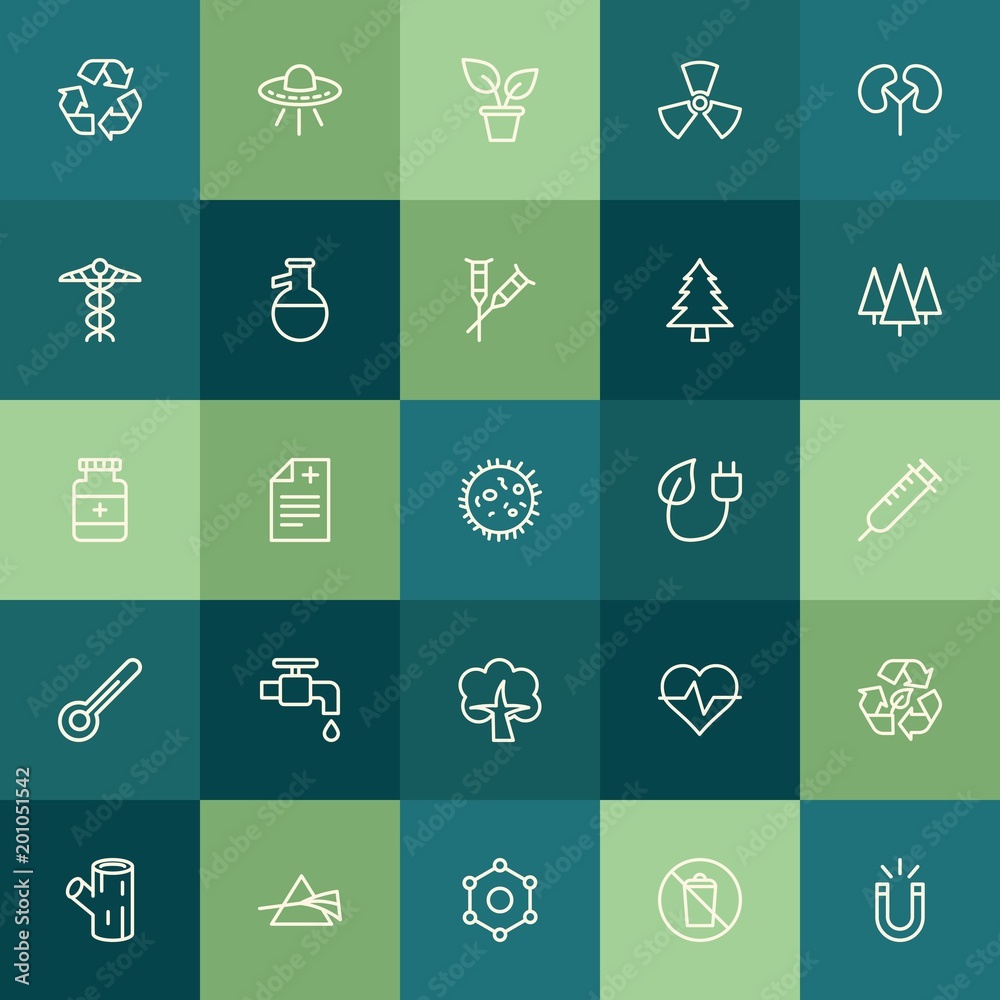 Modern Simple Set of health, science, nature Vector outline Icons. ..Contains such Icons as interior,  texture,  symbol, radiation,  green and more on green background. Fully Editable. Pixel Perfect.