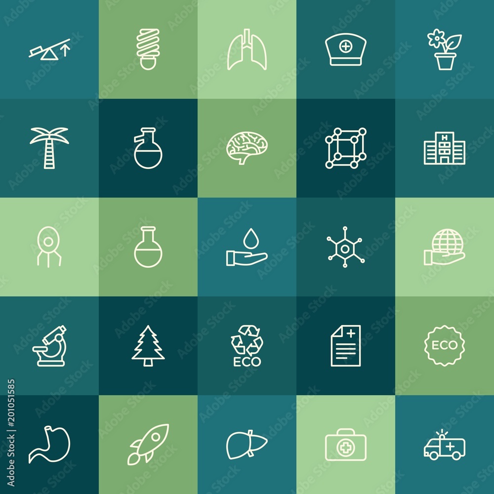 Modern Simple Set of health, science, nature Vector outline Icons. ..Contains such Icons as  pharmacy, technology, prescription, chemistry and more on green background. Fully Editable. Pixel Perfect.