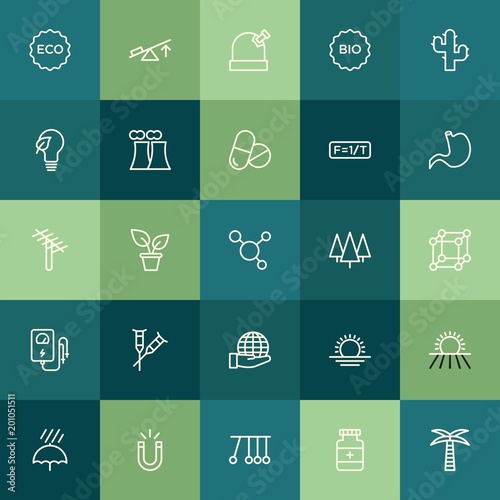 Modern Simple Set of health, science, nature Vector outline Icons. ..Contains such Icons as palm,  season, medicine, physics,  home,  leaf and more on green background. Fully Editable. Pixel Perfect.