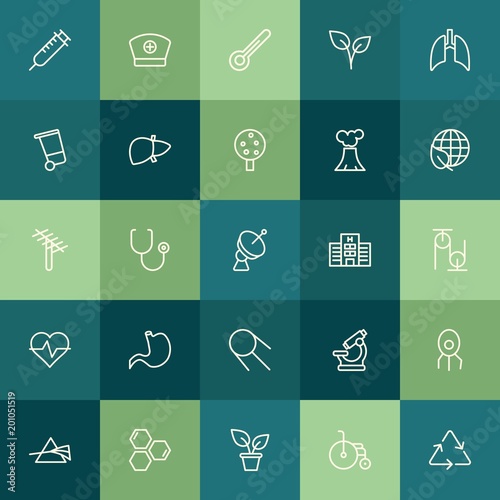 Modern Simple Set of health, science, nature Vector outline Icons. ..Contains such Icons as healthcare, biology, person, interior, drug and more on green background. Fully Editable. Pixel Perfect.