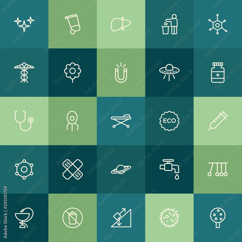 Modern Simple Set of health, science, nature Vector outline Icons. ..Contains such Icons as  education, waste,  do, pendulum,  drop,  sign and more on green background. Fully Editable. Pixel Perfect.