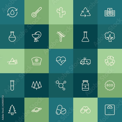 Modern Simple Set of health, science, nature Vector outline Icons. ..Contains such Icons as vitamin, nurse, environment, celsius, zoom and more on green background. Fully Editable. Pixel Perfect.