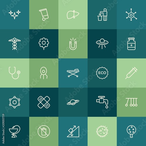 Modern Simple Set of health, science, nature Vector outline Icons. ..Contains such Icons as education, waste, do, pendulum, drop, sign and more on green background. Fully Editable. Pixel Perfect.