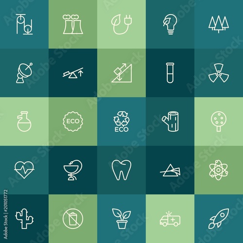 Modern Simple Set of health, science, nature Vector outline Icons. ..Contains such Icons as technology, plant, molecular, pulley, rocket and more on green background. Fully Editable. Pixel Perfect.