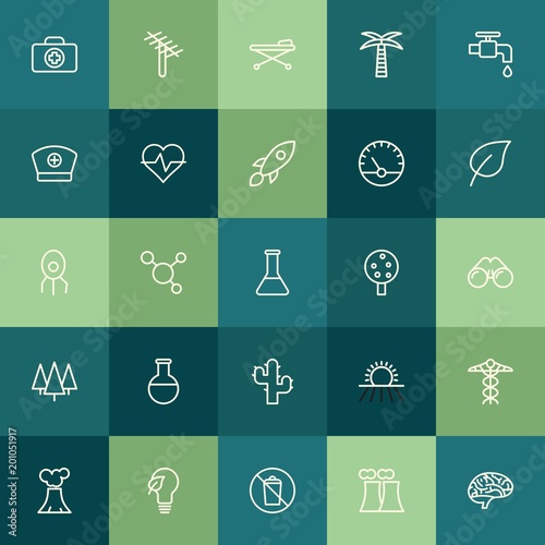 Modern Simple Set of health, science, nature Vector outline Icons. ..Contains such Icons as technology, kit, landscape, garbage, illness and more on green background. Fully Editable. Pixel Perfect.