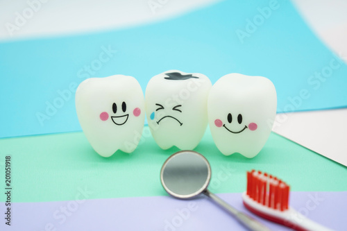 Model Cute toys teeth in dentistry on colorful pastel paper for background .