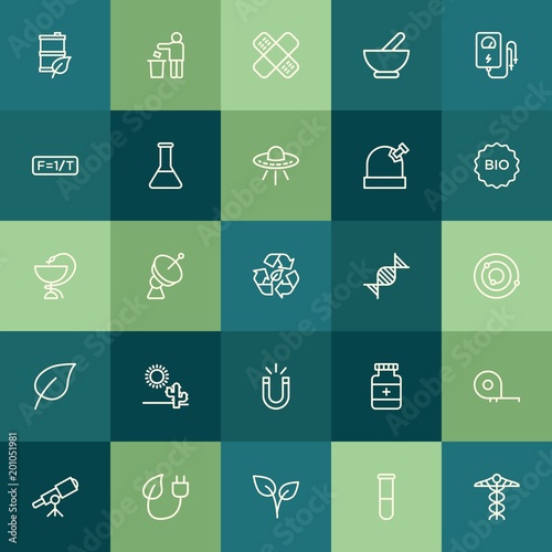 Modern Simple Set of health, science, nature Vector outline Icons. ..Contains such Icons as leaf, prescription, care, lab, herbal, fuel and more on green background. Fully Editable. Pixel Perfect.