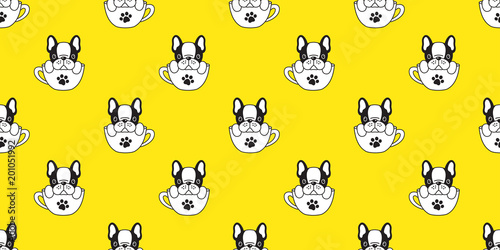 Dog seamless pattern vector french bulldog pug isolated cup background puppy cartoon yellow wallpaper