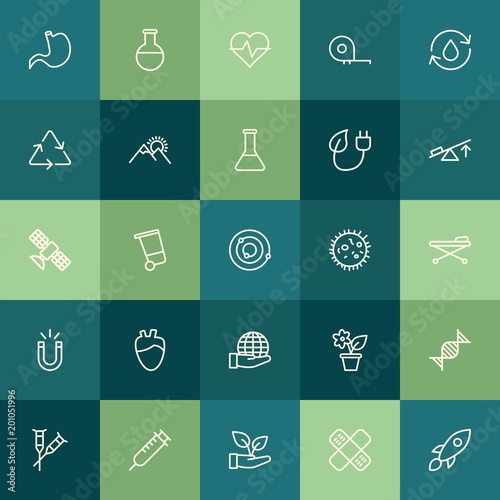 Modern Simple Set of health, science, nature Vector outline Icons. ..Contains such Icons as heart, disability, health, can, cell, room and more on green background. Fully Editable. Pixel Perfect.