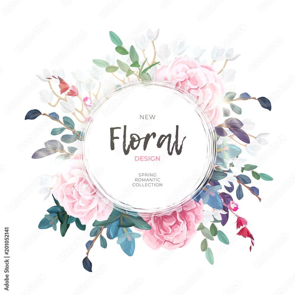 Vector round botanical frame with pale pink roses, green leaves and plants. Light romantic floral design. - obrazy, fototapety, plakaty 
