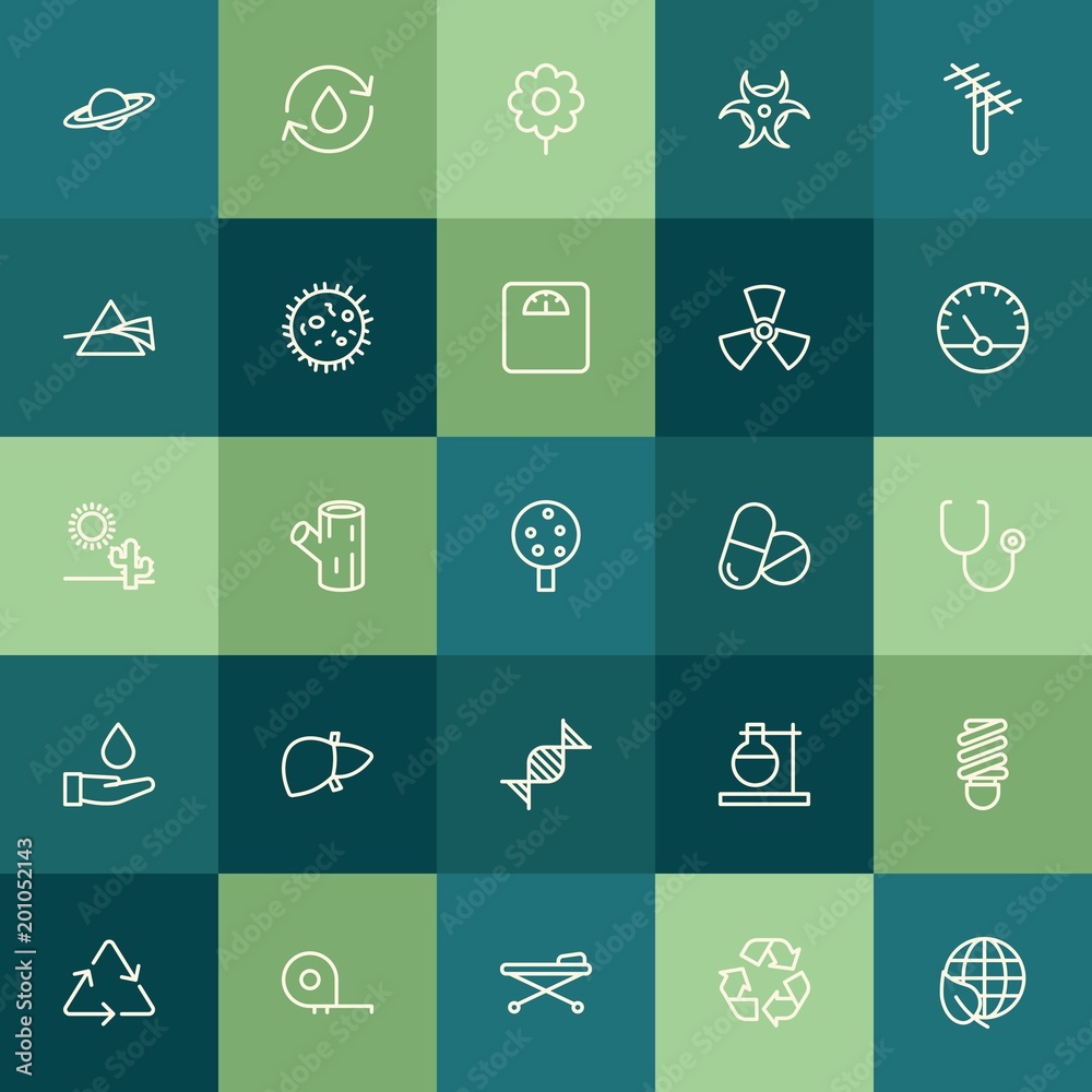 Modern Simple Set of health, science, nature Vector outline Icons. ..Contains such Icons as  bulb,  astronomy,  spring,  electricity, meter and more on green background. Fully Editable. Pixel Perfect.
