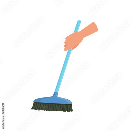 Hand holding blue sweeping broom, human hand with tool for cleaning, housework concept vector Illustration i on a white background