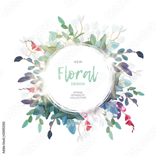 Vector round botanical frame with pale pink roses, green leaves and plants. Light romantic floral design.