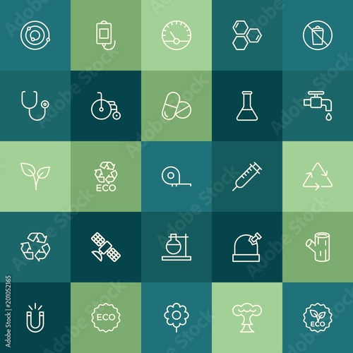 Modern Simple Set of health, science, nature Vector outline Icons. ..Contains such Icons as recycle, smoke, texture, eco, magnetism and more on green background. Fully Editable. Pixel Perfect.