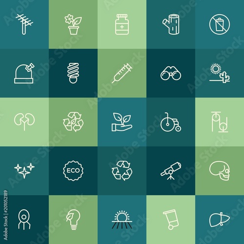 Modern Simple Set of health, science, nature Vector outline Icons. ..Contains such Icons as vitamin, wooden, bin, plant, bone, health and more on green background. Fully Editable. Pixel Perfect.