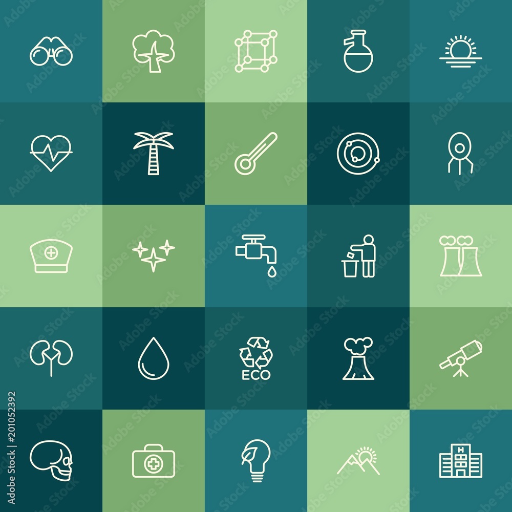 Modern Simple Set of health, science, nature Vector outline Icons. ..Contains such Icons as head, sky, kit, sign, sunrise, skeleton and more on green background. Fully Editable. Pixel Perfect. Modern Simple Set of health, science, nature Vector outline Icons. ..Contains such Icons as head, sky, kit, sign, sunrise, skeleton and more on green background. Fully Editable. Pixel Perfect.