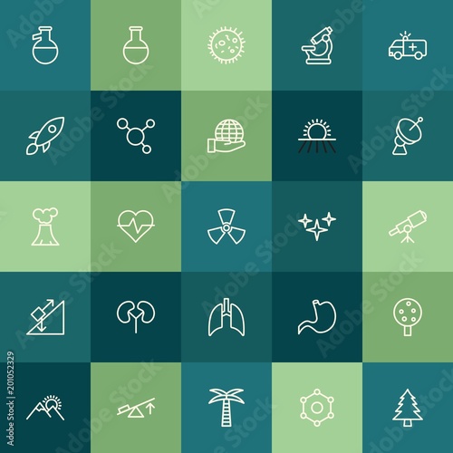 Modern Simple Set of health, science, nature Vector outline Icons. ..Contains such Icons as fruit, sky, particle, tropical, organic and more on green background. Fully Editable. Pixel Perfect.