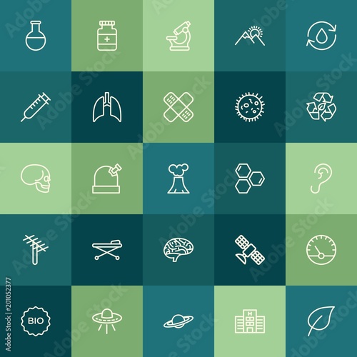 Modern Simple Set of health, science, nature Vector outline Icons. ..Contains such Icons as plant, saturn, scientific, ufo, alien, lab and more on green background. Fully Editable. Pixel Perfect.