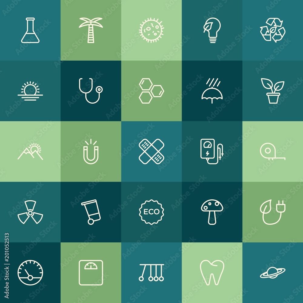 Modern Simple Set of health, science, nature Vector outline Icons. ..Contains such Icons as  universe,  save,  lab,  chemical, green,  leaf and more on green background. Fully Editable. Pixel Perfect.