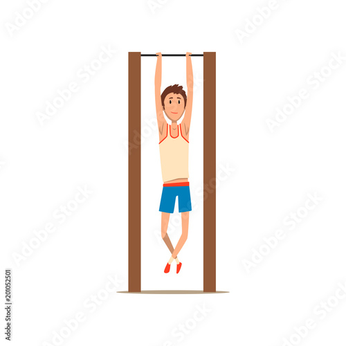 Boy hanging on a horizontal bar, exercise for back pain and improving posture vector Illustration on a white background