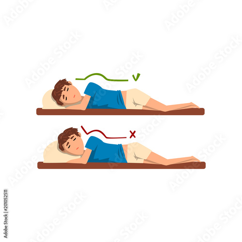Correct and worst positions for sleeping, boy sleeping on the bed vector Illustration on a white background