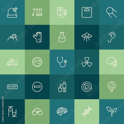 Modern Simple Set of health, science, nature Vector outline Icons. ..Contains such Icons as electrical, mind, zoom, vision, science, tree and more on green background. Fully Editable. Pixel Perfect.