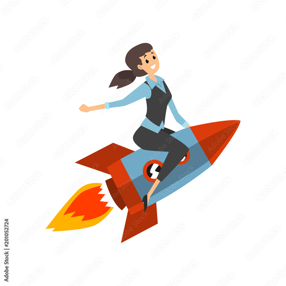 Successful businesswoman on a rocket, start up business project, development process vector Illustration on a white background