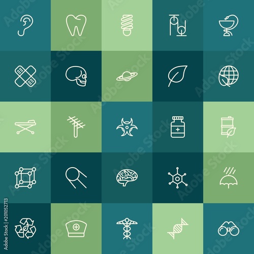 Modern Simple Set of health, science, nature Vector outline Icons. ..Contains such Icons as healthcare, bulb, season, science, dna, ear and more on green background. Fully Editable. Pixel Perfect.