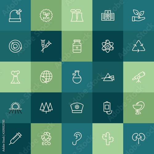 Modern Simple Set of health, science, nature Vector outline Icons. ..Contains such Icons as isolated, health, space, nuclear, ecology and more on green background. Fully Editable. Pixel Perfect.