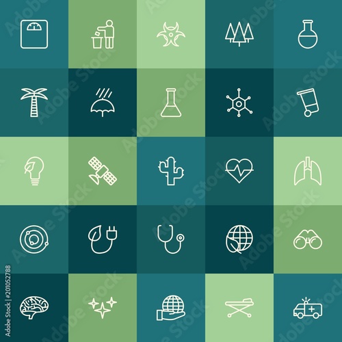 Modern Simple Set of health, science, nature Vector outline Icons. ..Contains such Icons as world, earth, zoom, green, nature, brain and more on green background. Fully Editable. Pixel Perfect.