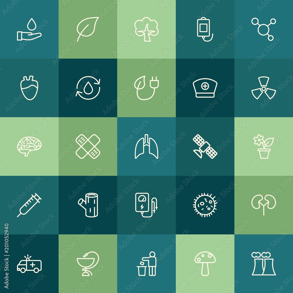 Modern Simple Set of health, science, nature Vector outline Icons. ..Contains such Icons as  concept,  tree,  nature,  symbol,  nuclear and more on green background. Fully Editable. Pixel Perfect.