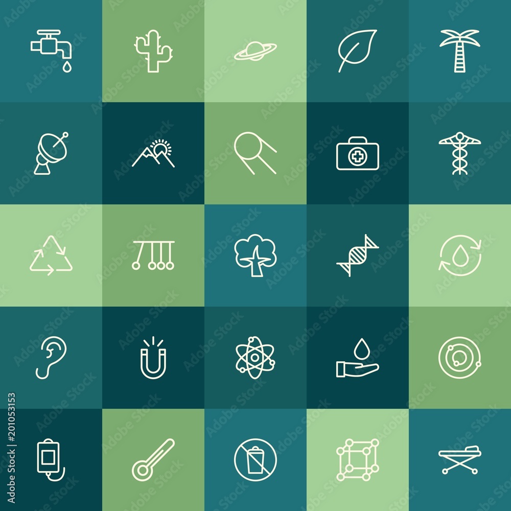 Modern Simple Set of health, science, nature Vector outline Icons. ..Contains such Icons as  plant,  universe,  leaf,  desert,  garbage and more on green background. Fully Editable. Pixel Perfect.