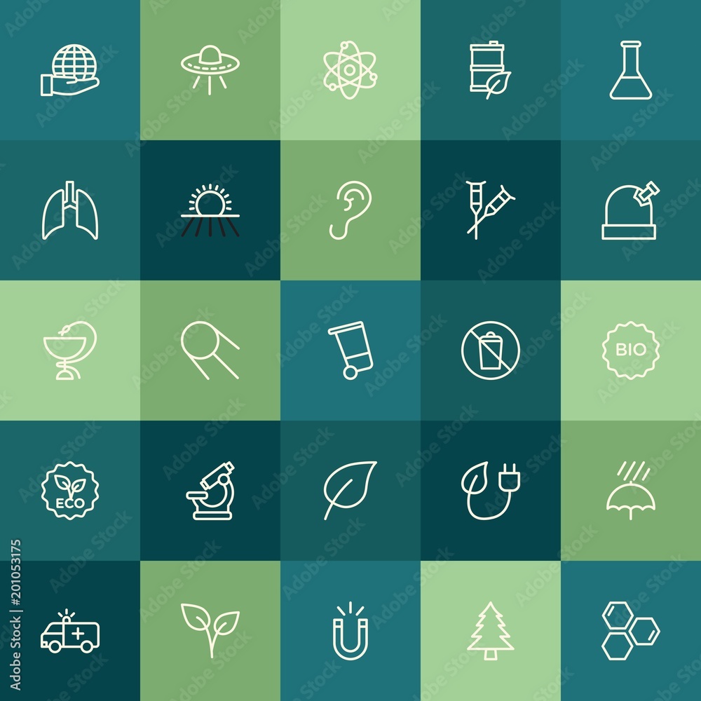Modern Simple Set of health, science, nature Vector outline Icons. ..Contains such Icons as plant,  space, science,  molecule,  weather and more on green background. Fully Editable. Pixel Perfect.