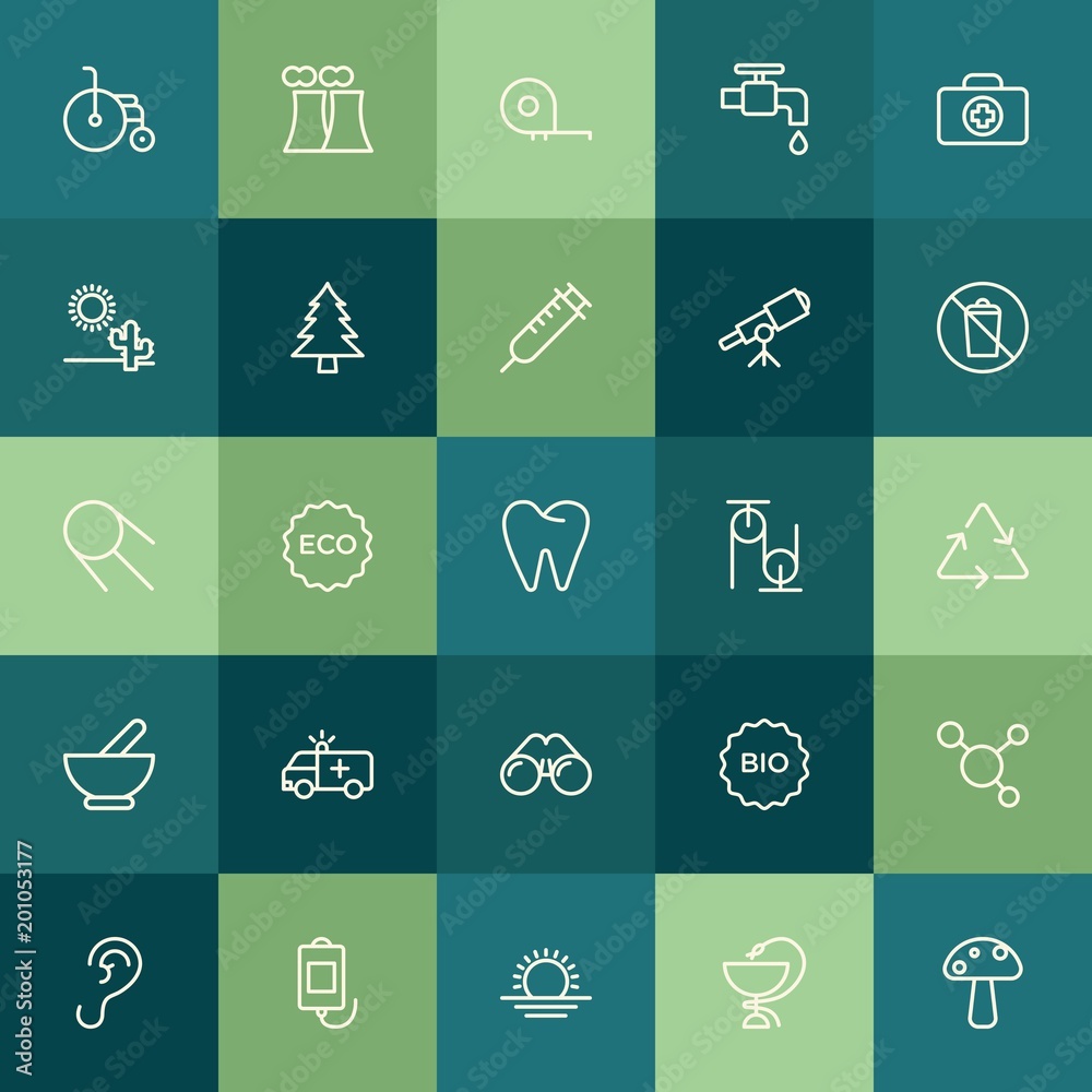 Modern Simple Set of health, science, nature Vector outline Icons. ..Contains such Icons as  measure,  energy,  human,  sky,  plant, meter and more on green background. Fully Editable. Pixel Perfect.