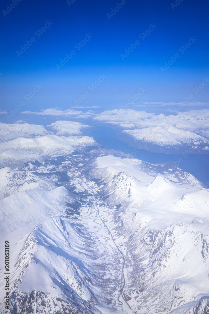 Aerial view of snowy Norway from the plane