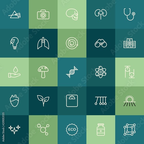 Modern Simple Set of health, science, nature Vector outline Icons. ..Contains such Icons as molecule, sign, background, prism, food, eco and more on green background. Fully Editable. Pixel Perfect.