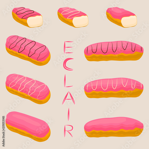 Vector icon illustration logo for cake French eclair with custard cream. Eclair pattern consisting of different colored sweet french dessert confection. Eat tasty cakes eclairs covered in glaze creams